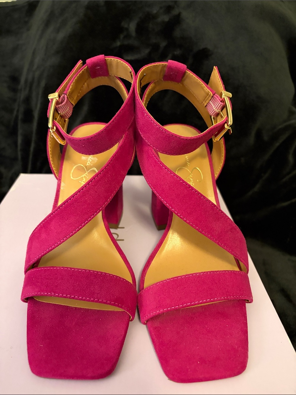 Jessica Simpson Fuchsia Suede Block Heel Sandals with Ankle Strap